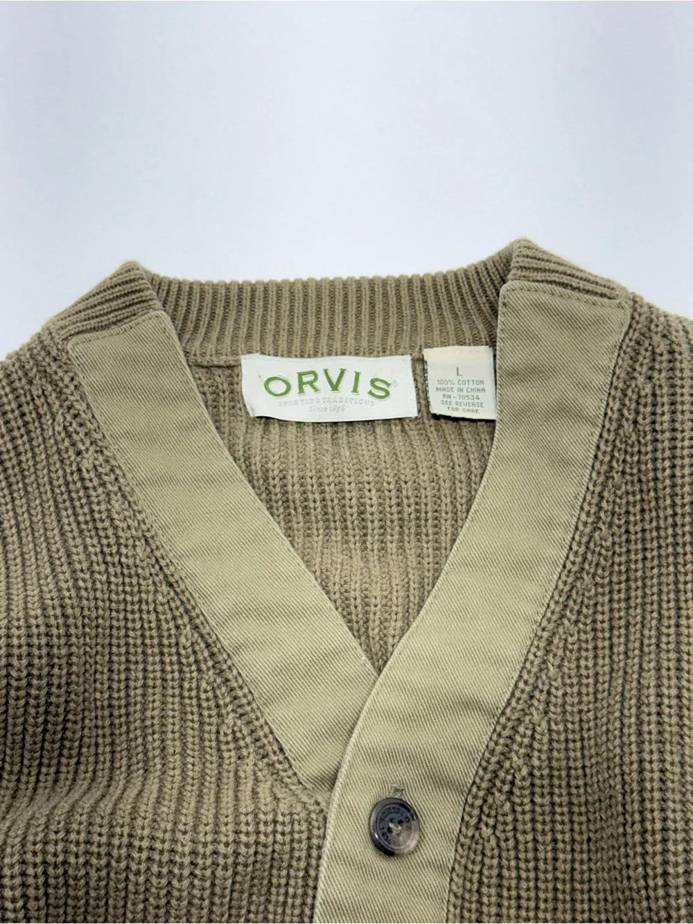 Orvis Men L Olive 100% Cotton V-Neck Rib Knit Cardigan Elbow Patch Button Front
